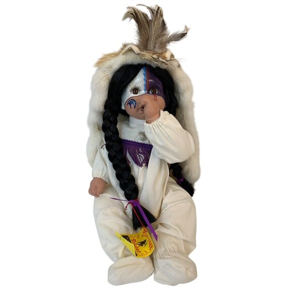 Native American Porcelain Doll Fur Headdress 20" Tall Cherokee Trader B9032 - Picture 1 of 9